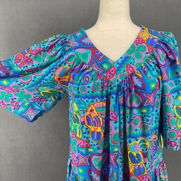 Vtg 80s 90s Two Potato Laguna Beach Artsy Midi Tiered Muumuu Dress XS Cotton NOS - Picture 5 of 16